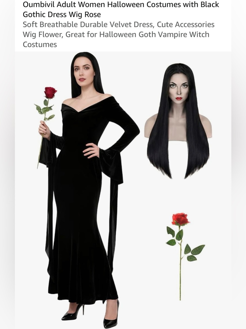 Gothic Black Dress W/ Wig, Rose Costume - Morticia, Witch, etc.